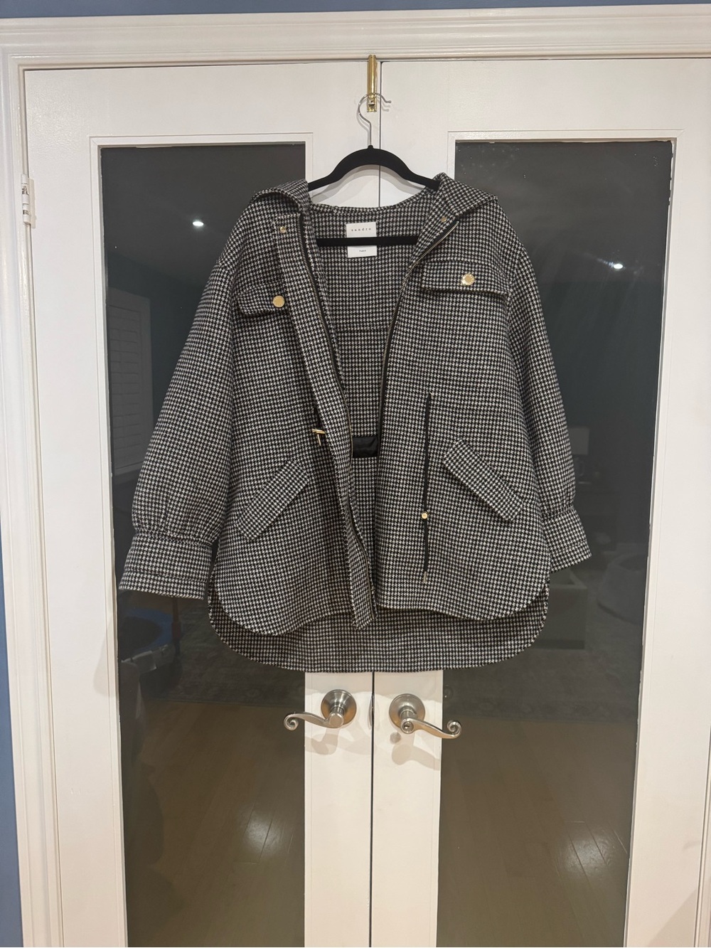 Sandro Paris Houndstooth Hooded Jacket - Black, white and gold